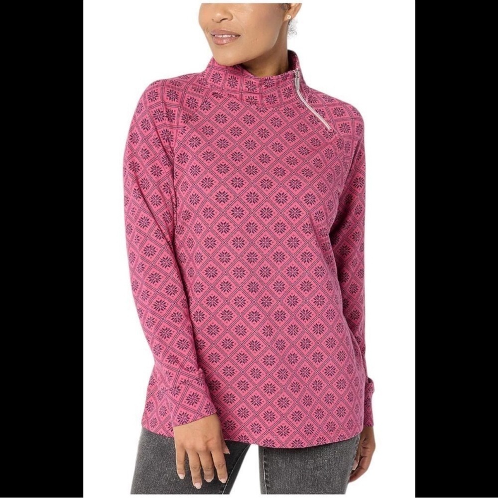 Denim & Co. Active Women's French Terry Mock Neck Top Berry Tile - Regular